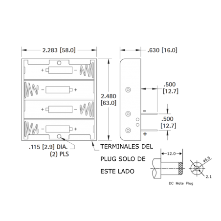 Portapilas Mod: PP-B4xAAPLUG Base para 4 Piezas AA Con Plug